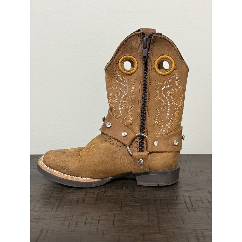 RW Brown Leather Western Boots Girls 16.5 US 9.5 Rhinestone Stud Ankle Harness - Picture 6 of 10